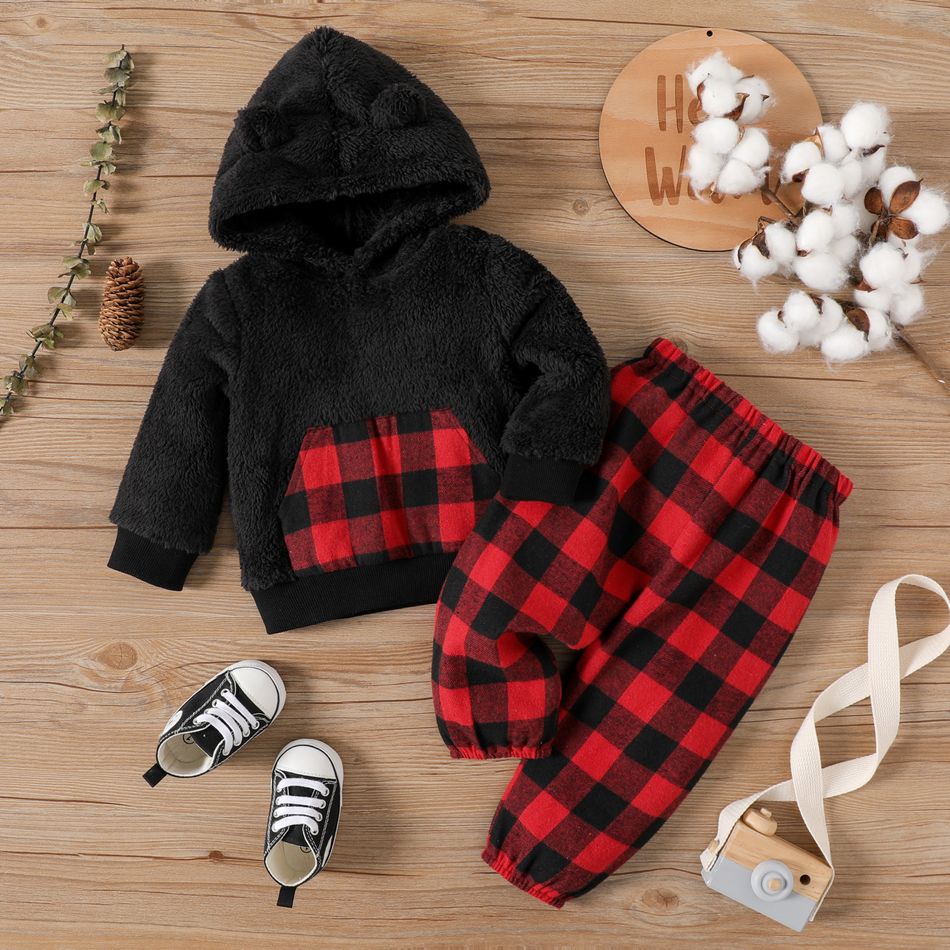 2pcs Baby Boy Long-sleeve Thermal Fuzzy Hoodie and Red Plaid Pants Set redblack