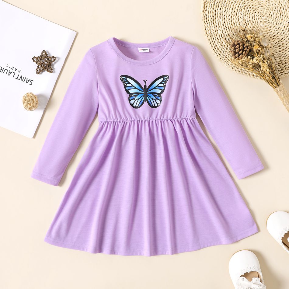 Toddler Girl Butterfly Print Waisted Long-sleeve Dress Purple