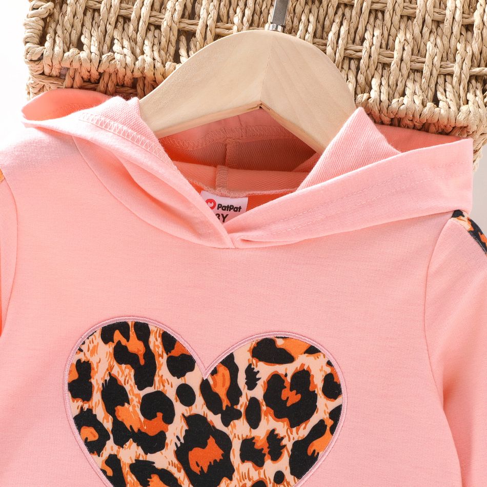 Toddler Girl Leopard Print Heart Embroidered Pink Hooded Sweatshirt Dress Pink big image 4