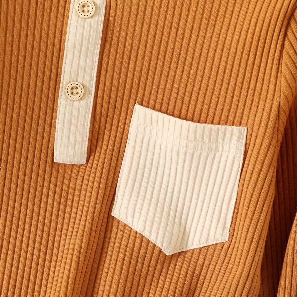 Kid Boy Colorblock Pocket Design Ribbed Long-sleeve Cotton Tee Brown big image 4