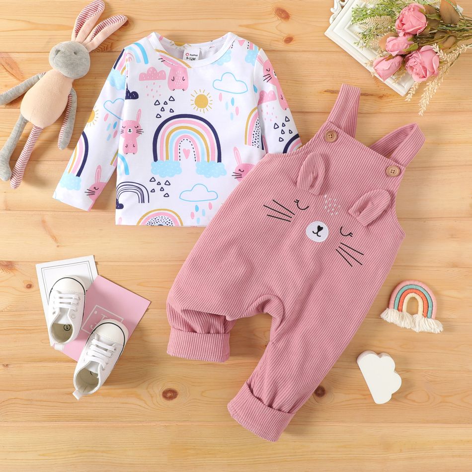 2pcs Baby Girl Allover Cat & Rainbow Print Long-sleeve Tee and Embroidered Corduroy Overalls Set Pink big image 2