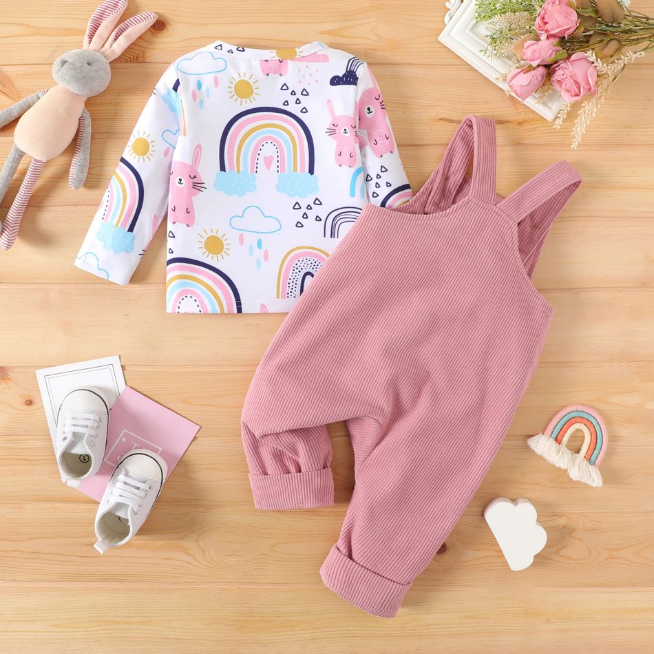 2pcs Baby Girl Allover Cat & Rainbow Print Long-sleeve Tee and Embroidered Corduroy Overalls Set Pink big image 3