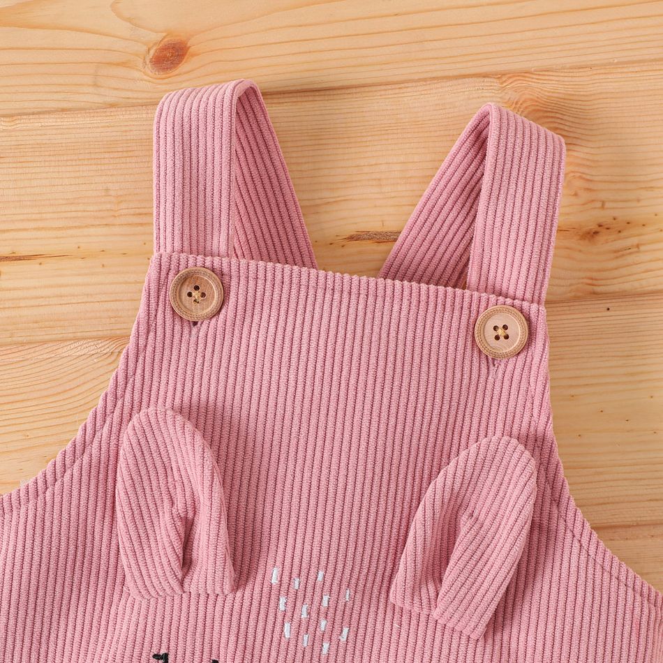 2pcs Baby Girl Allover Cat & Rainbow Print Long-sleeve Tee and Embroidered Corduroy Overalls Set Pink big image 5