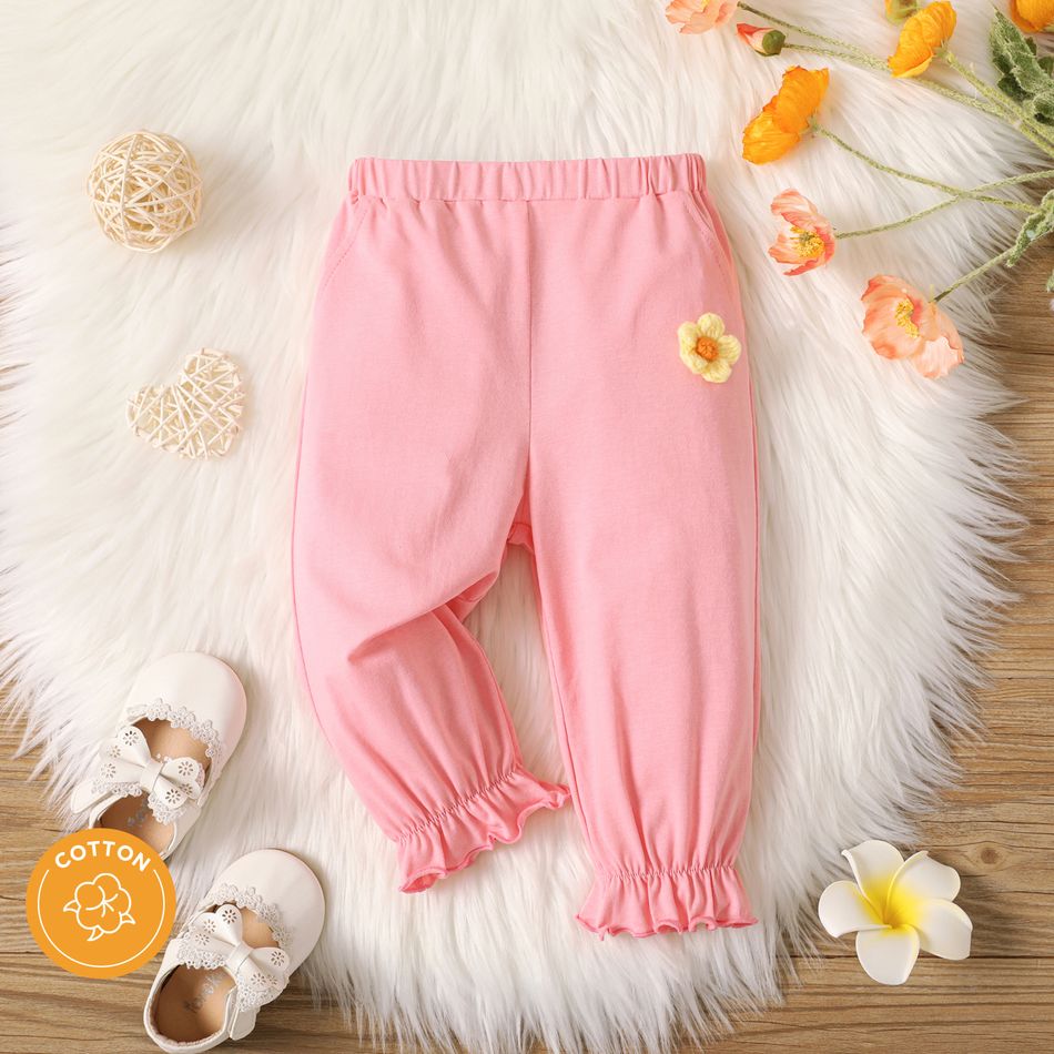 Baby Girl 95% Cotton 3D Knitted Flower Detail Solid Pants Pink