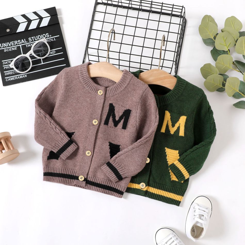 Baby Boy Letter Pattern Button Front Long-sleeve Knitted Cardigan Dark Green big image 2