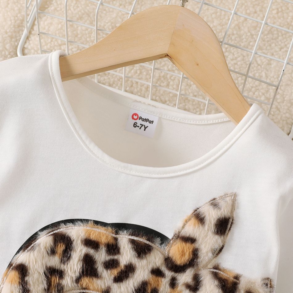 2pcs Kid Girl 3D Figure Embroidered Long-sleeve Tee and Leopard Print Fleece Skirt Set OffWhite big image 3