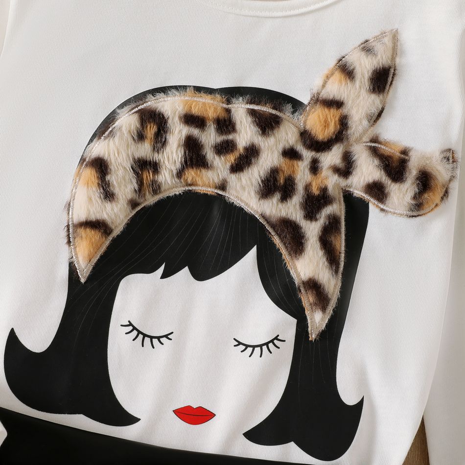 2pcs Kid Girl 3D Figure Embroidered Long-sleeve Tee and Leopard Print Fleece Skirt Set OffWhite big image 4