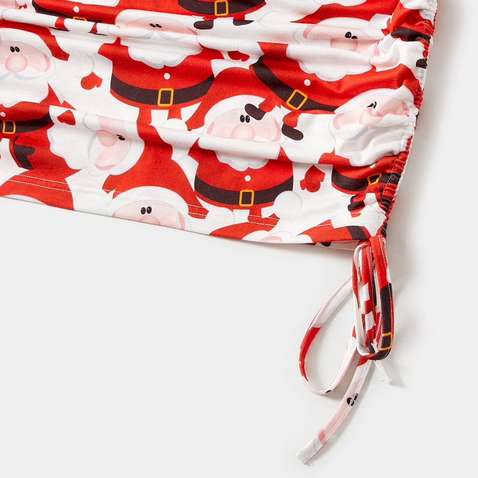 Christmas Family Matching 95% Cotton Short-sleeve Polo Shirts and Allover Santa Claus Print Drawstring Ruched Bodycon Dresses Sets redblack big image 5