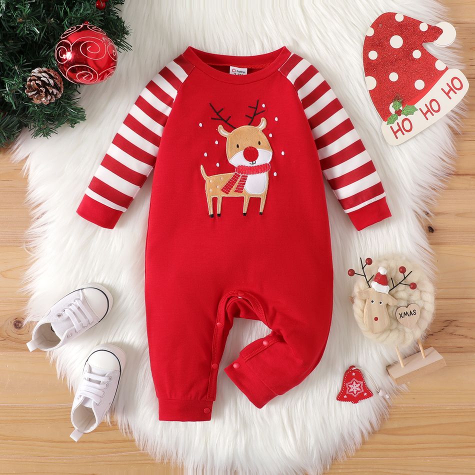 Christmas Baby Boy Reindeer Graphic Red Striped Long-sleeve Jumpsuit Red