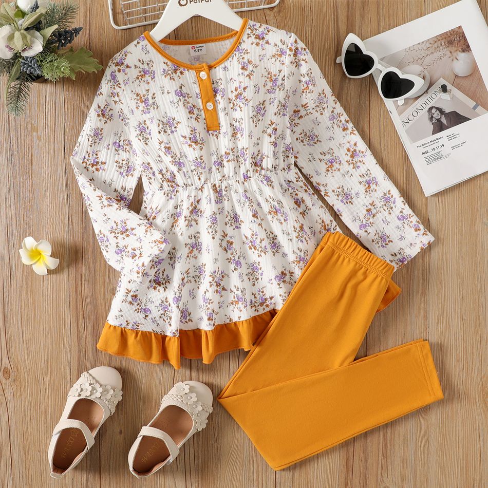 2pcs Kid Girl Floral Print Ruffle Hem Long-sleeve Tee and Leggings Set Yellow