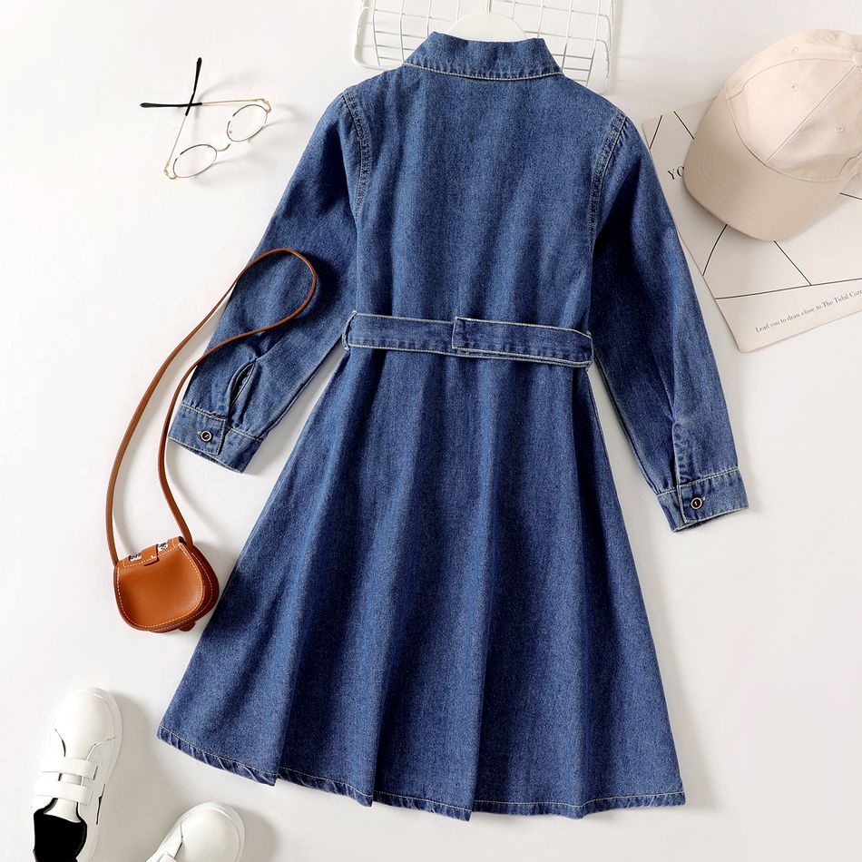 Kid Girl Lapel Collar Button Design Long-sleeve Belted Denim Dress Blue big image 2