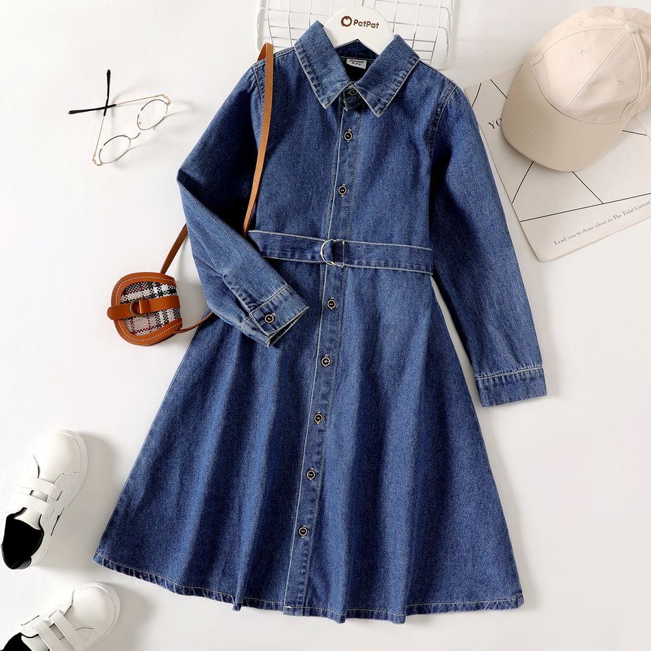 Kid Girl Lapel Collar Button Design Long-sleeve Belted Denim Dress Blue