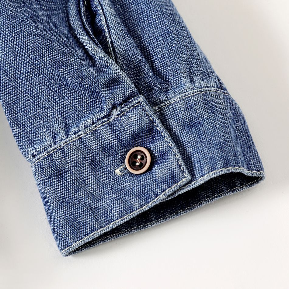 Kid Girl Lapel Collar Button Design Long-sleeve Belted Denim Dress Blue big image 5
