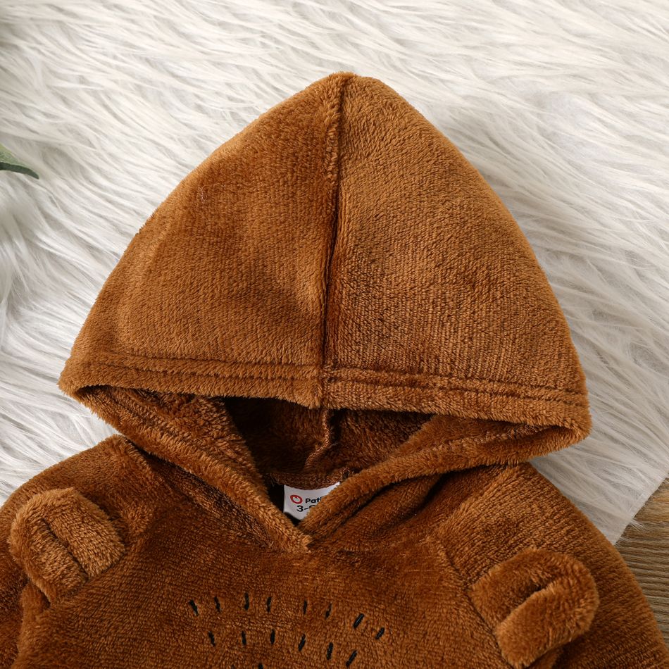 Baby Boy Bear Ears Detail Thermal Fuzzy Hooded Long-sleeve Jumpsuit Brown big image 3