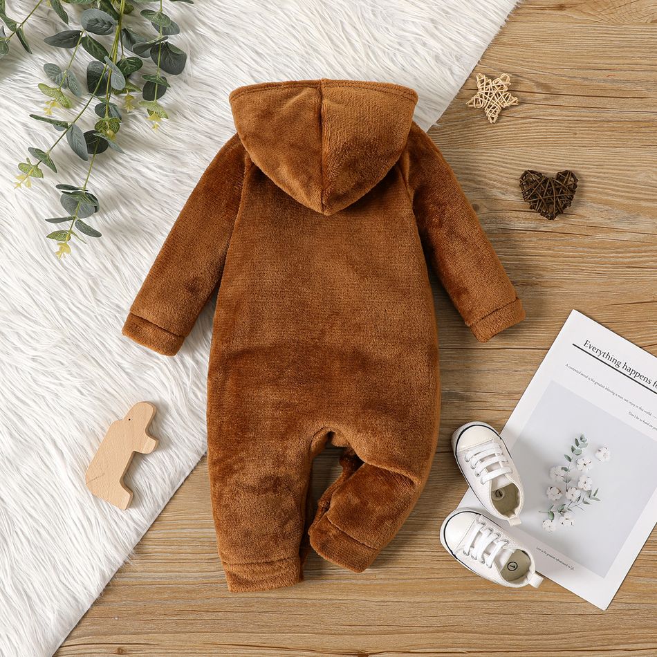 Baby Boy Bear Ears Detail Thermal Fuzzy Hooded Long-sleeve Jumpsuit Brown big image 2