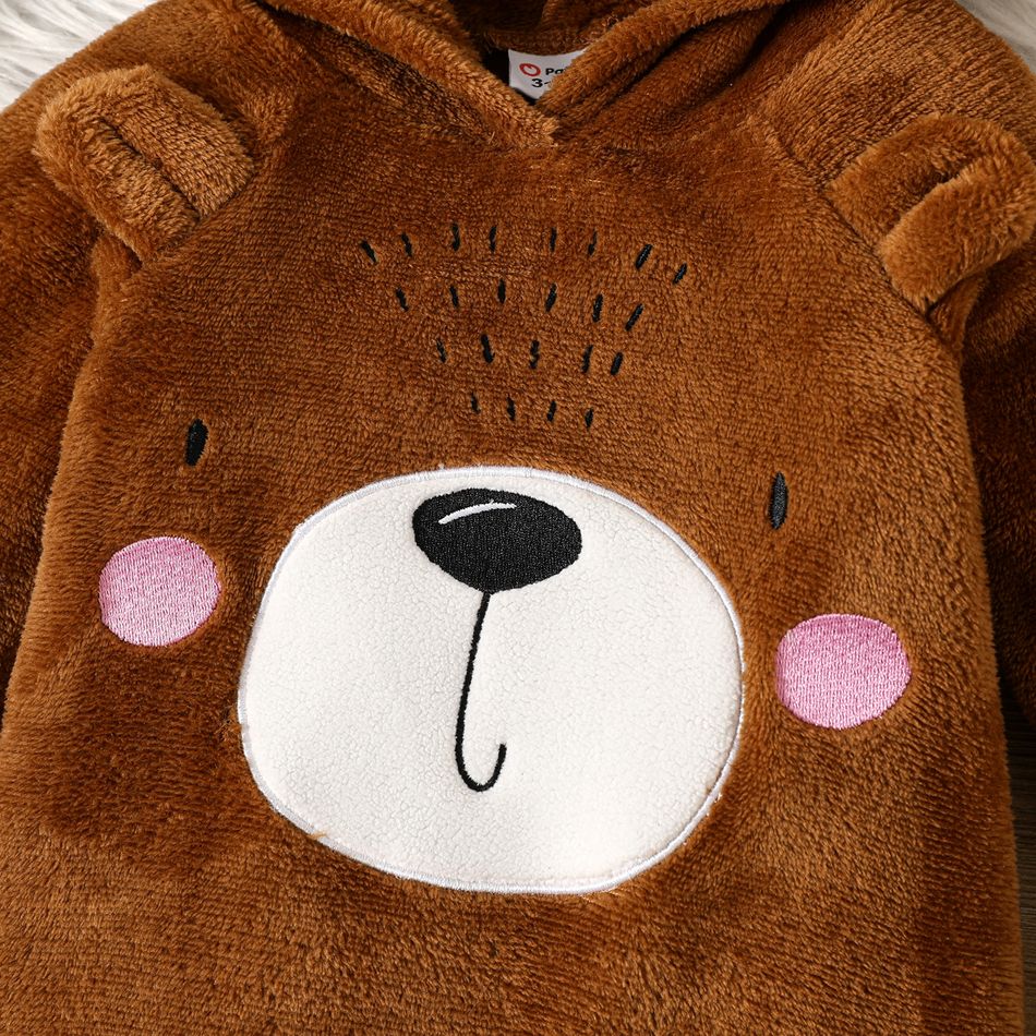 Baby Boy Bear Ears Detail Thermal Fuzzy Hooded Long-sleeve Jumpsuit Brown big image 4