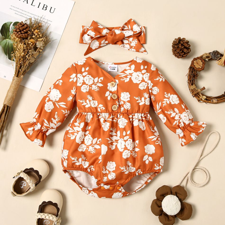 2pcs Baby Girl Allover Floral Print Button Front Long-sleeve Romper with Headband Set Apricot brown