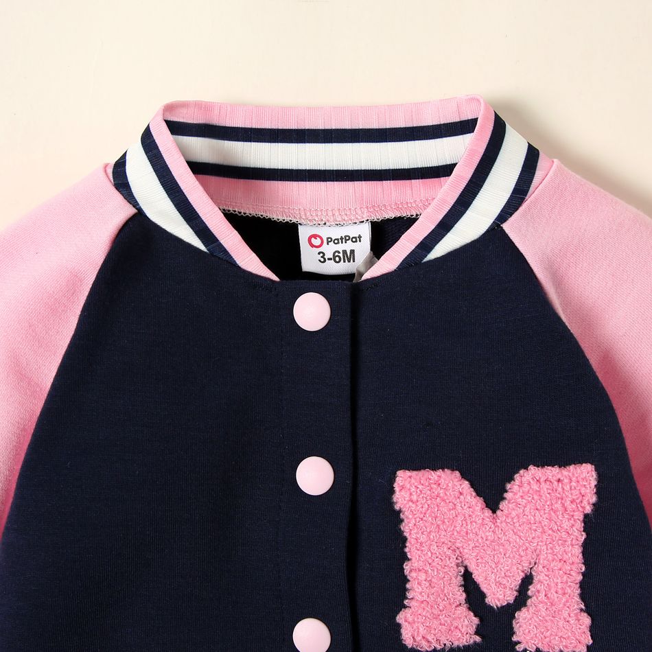 Baby Boy/Girl Letter Embroidered Colorblock Raglan-sleeve Button Front Jumpsuit DeepBlue big image 3