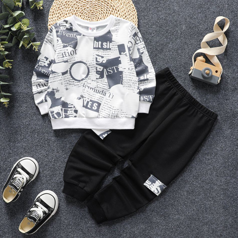 2pcs Toddler Boy Letter Allover Print Pullover Sweatshirt and Black Pants Set BlackandWhite