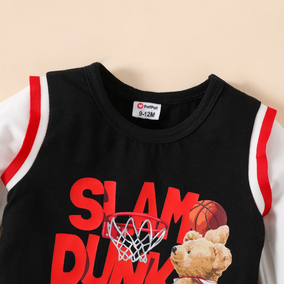 2pcs Baby Boy 95% Cotton Faux-two Long-sleeve Basketball Bear & Letter Print Tee and Sweatpants Set Black big image 3