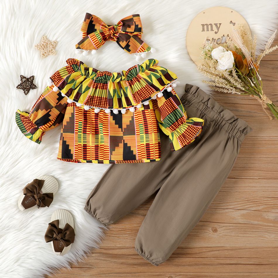 2pcs Baby Girl 100% Cotton Bow Front Pants and Allover Geo Print Ruffle Pom Poms Detail Long-sleeve Top Set ColorBlock big image 2