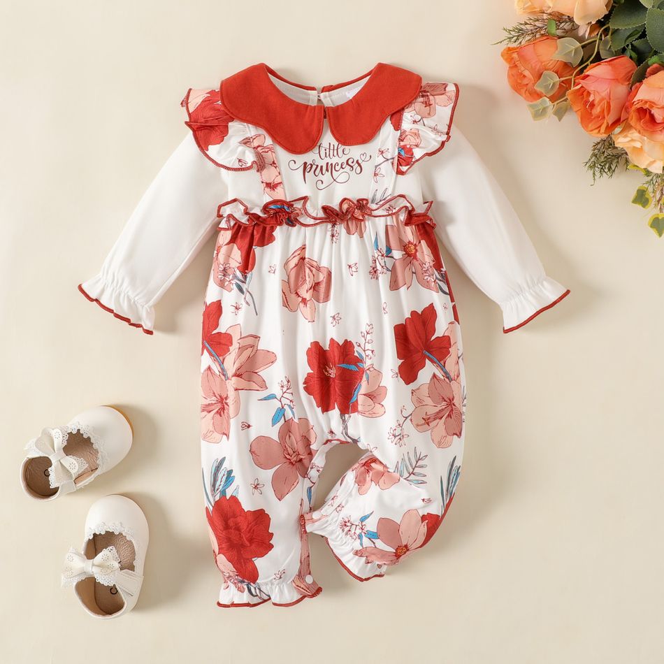 Baby Girl Letter Print Floral Splice Doll Collar Long-sleeve Red Jumpsuit Orange red