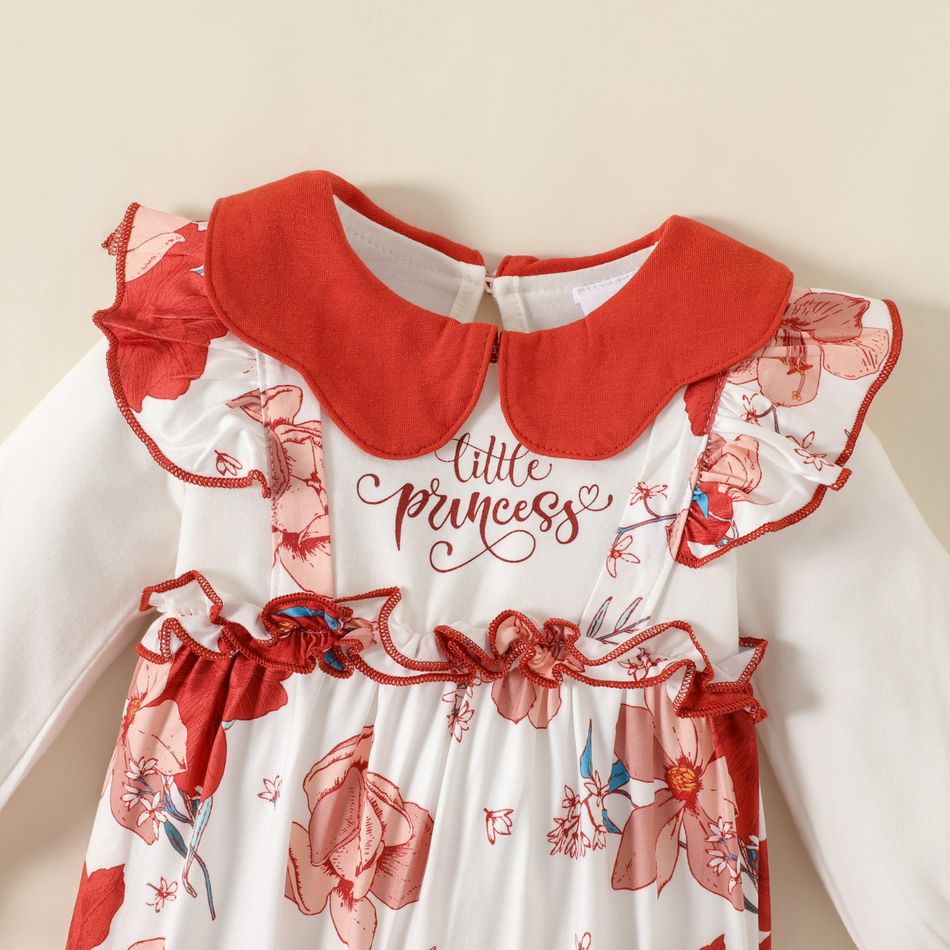 Baby Girl Letter Print Floral Splice Doll Collar Long-sleeve Red Jumpsuit Orange red big image 3