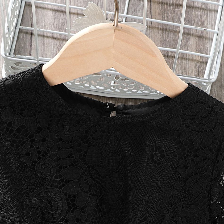 Toddler Girl Elegant Lace Design Round-collar Long Bell sleeves Dress Black big image 3