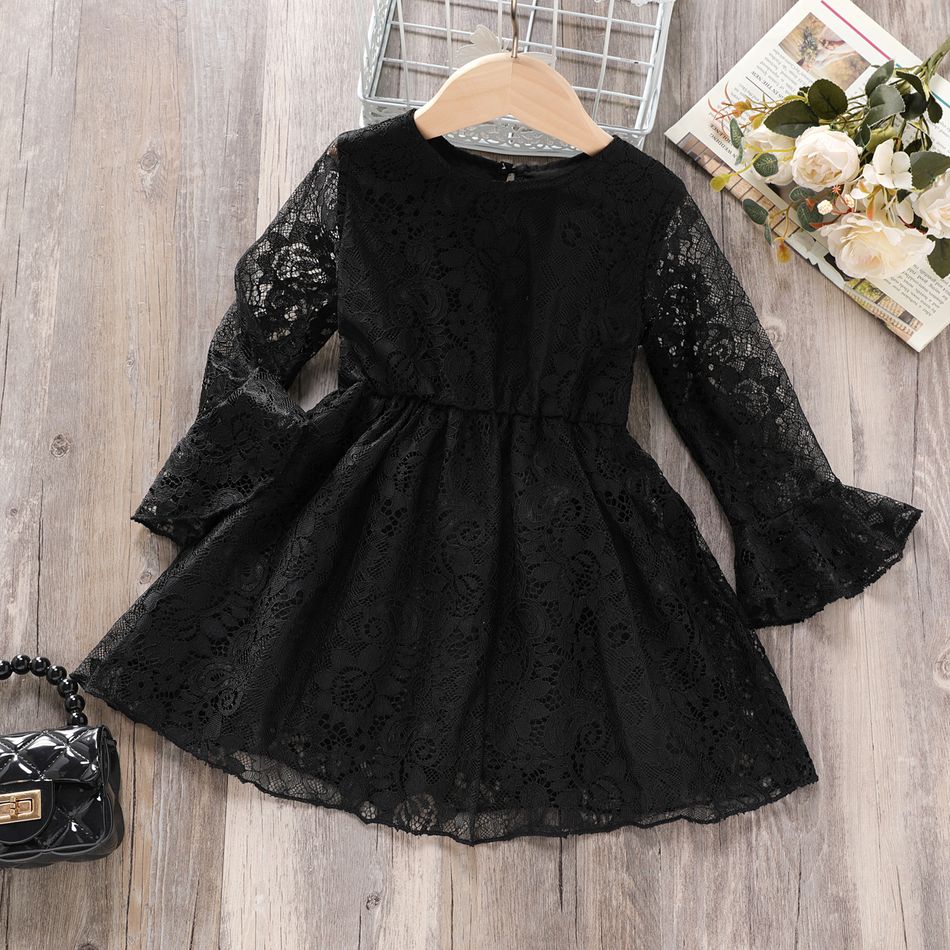 Toddler Girl Elegant Lace Design Round-collar Long Bell sleeves Dress Black