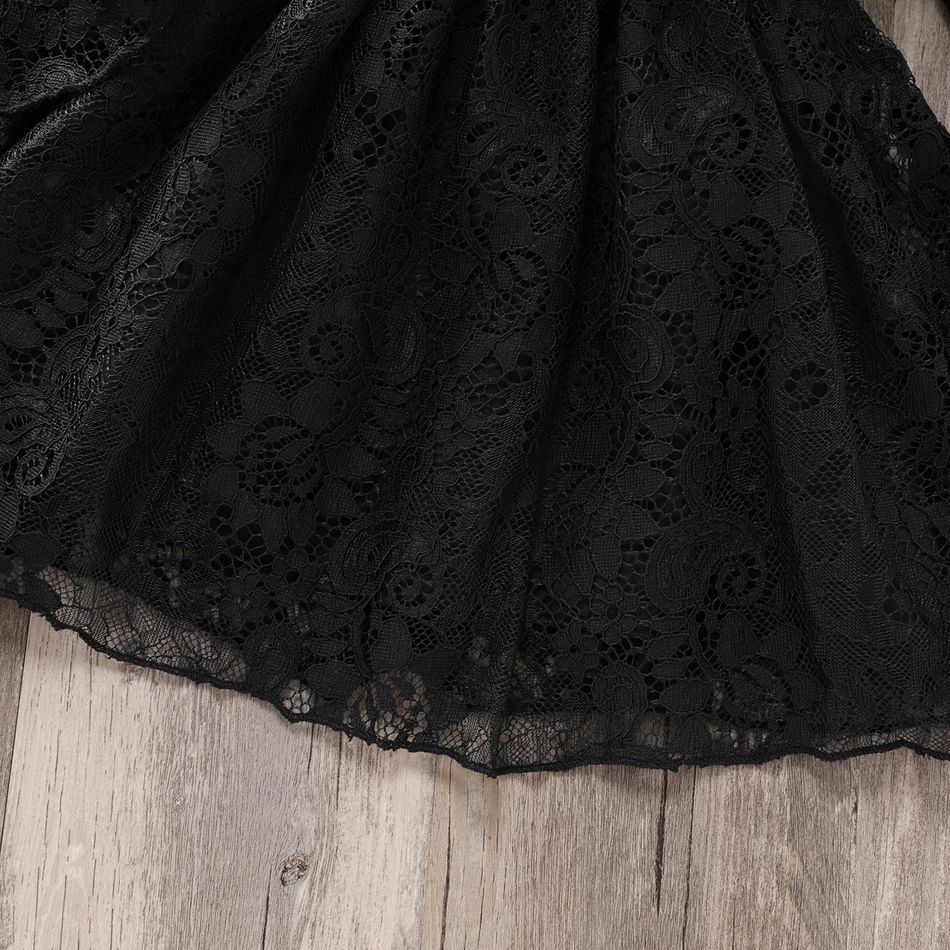 Toddler Girl Elegant Lace Design Round-collar Long Bell sleeves Dress Black big image 4