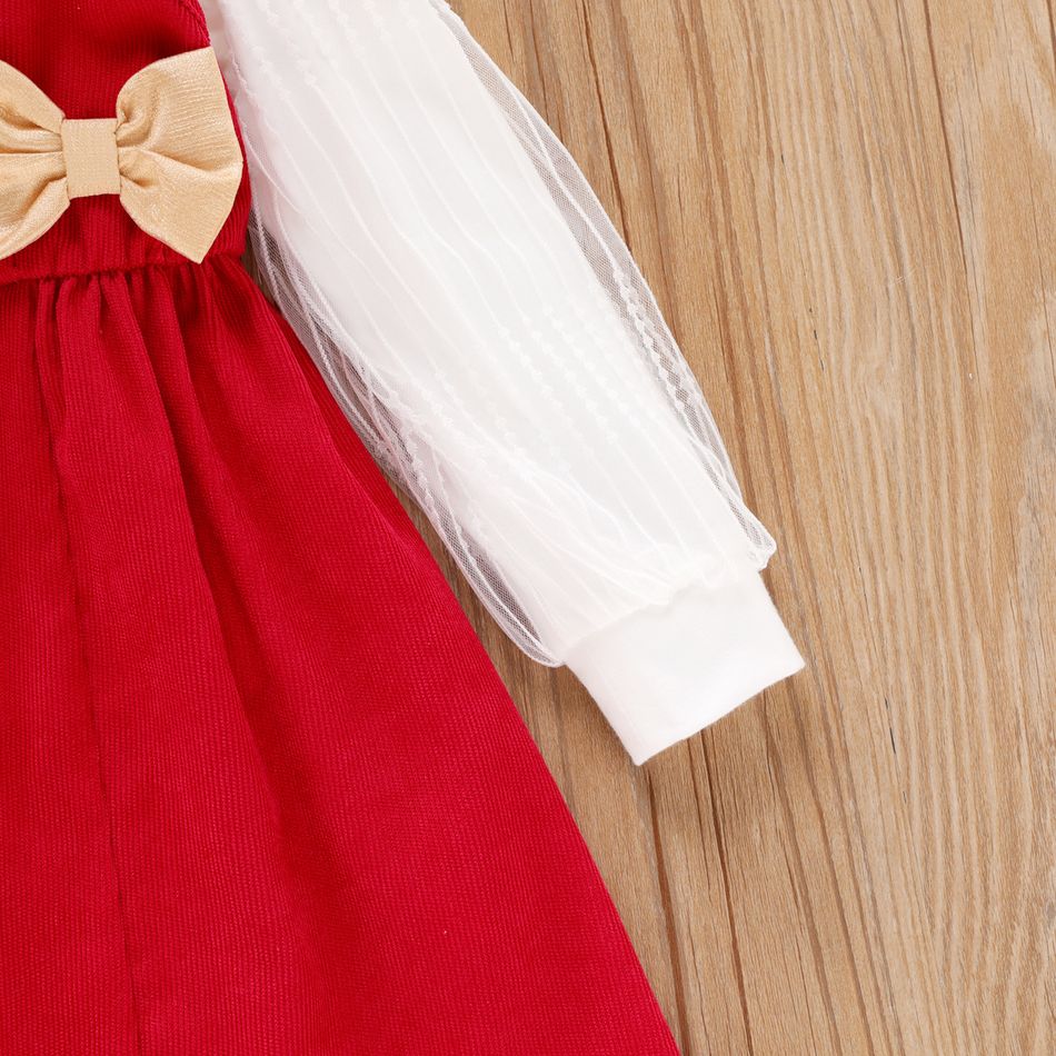 2 قطع طفل فتاة عيد الميلاد وهمية الرقبة شبكة طويلة الأكمام المحملة و bowknot تصميم بلا أكمام اللباس مجموعة أحمر big image 5