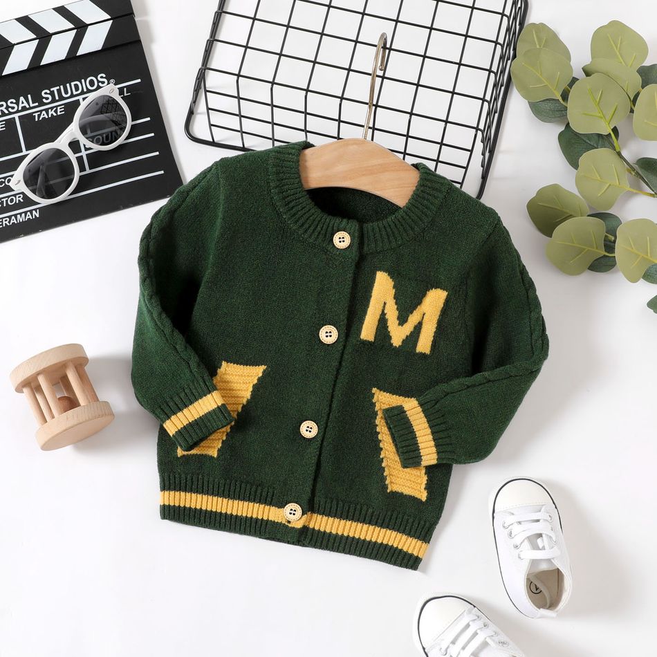 Baby Boy Letter Pattern Button Front Long-sleeve Knitted Cardigan Dark Green big image 1