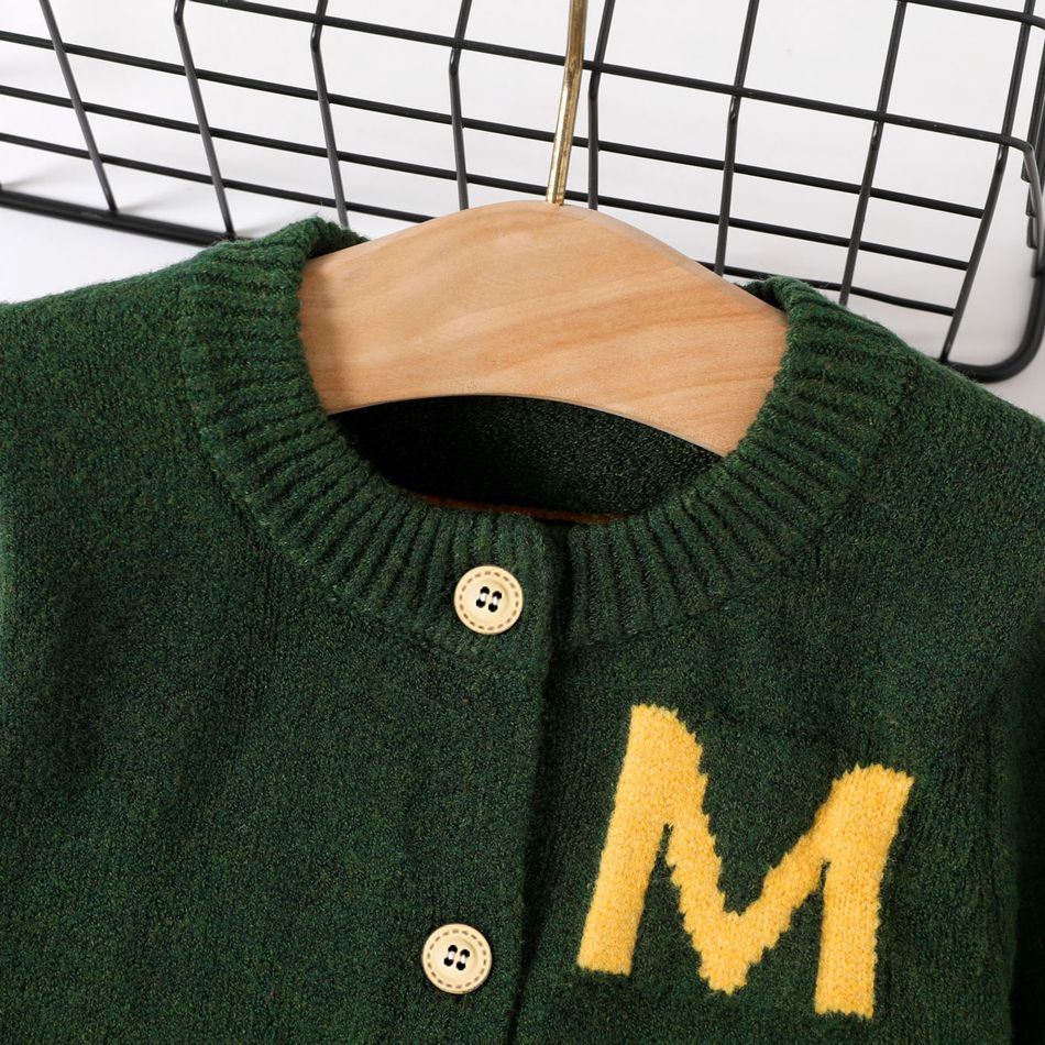Baby Boy Letter Pattern Button Front Long-sleeve Knitted Cardigan Dark Green big image 4