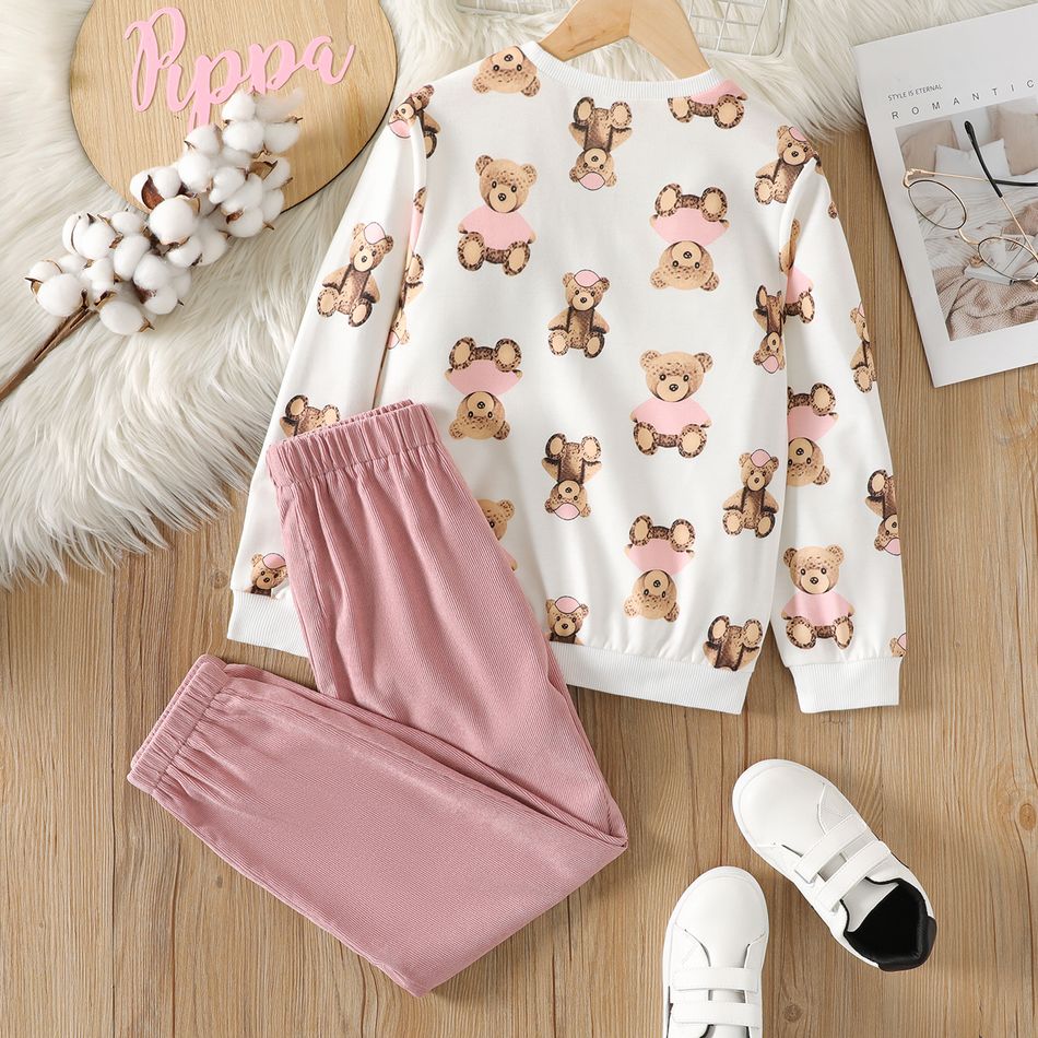2pcs Kid Girl Bear Print Long-sleeve Tee and Pink Pants Set White big image 2