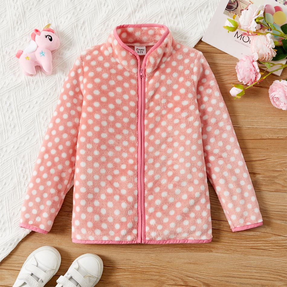 Kid Girl Polka dots Stand collar Fleece Jacket Pink