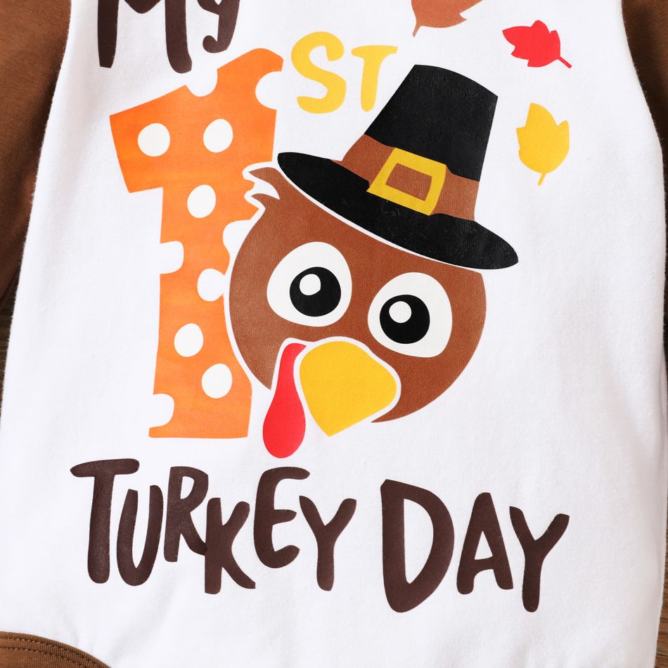 Thanksgiving Day 2pcs Baby Boy 95% Cotton Long-sleeve Turkey & Letter Print Romper with Hat Set ColorBlock big image 3