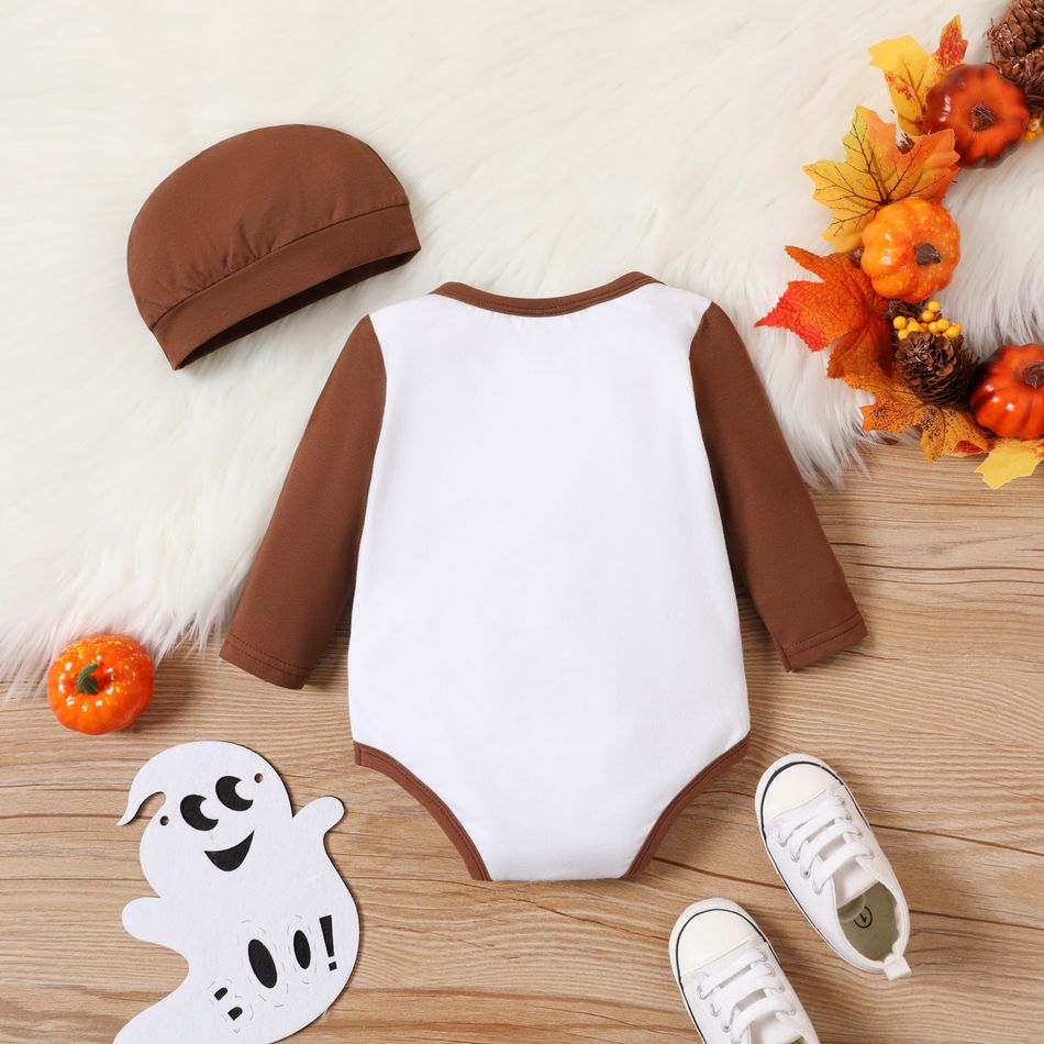 Thanksgiving Day 2pcs Baby Boy 95% Cotton Long-sleeve Turkey & Letter Print Romper with Hat Set ColorBlock big image 2