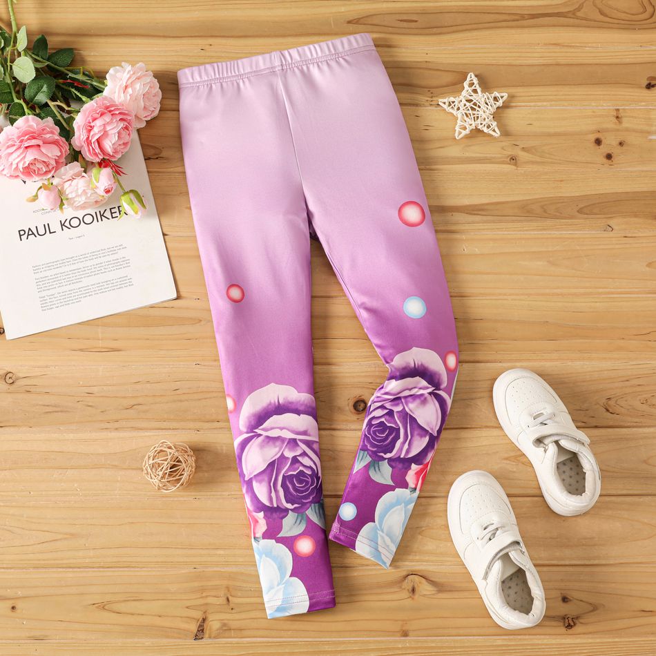 Kid Girl Floral Print Elasticized Leggings Purple