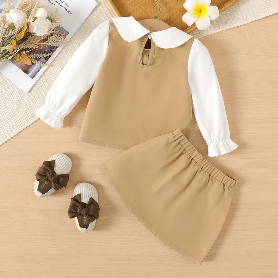 2pcs Baby Girl Peter Pan Collar Long-sleeve Faux-two Top and Double Breasted Split Skirt Set Khaki big image 2