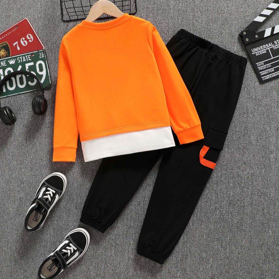 2pcs Kid Boy Letter Print Splice Pullover Sweatshirt and Black Pants Set Orange big image 2