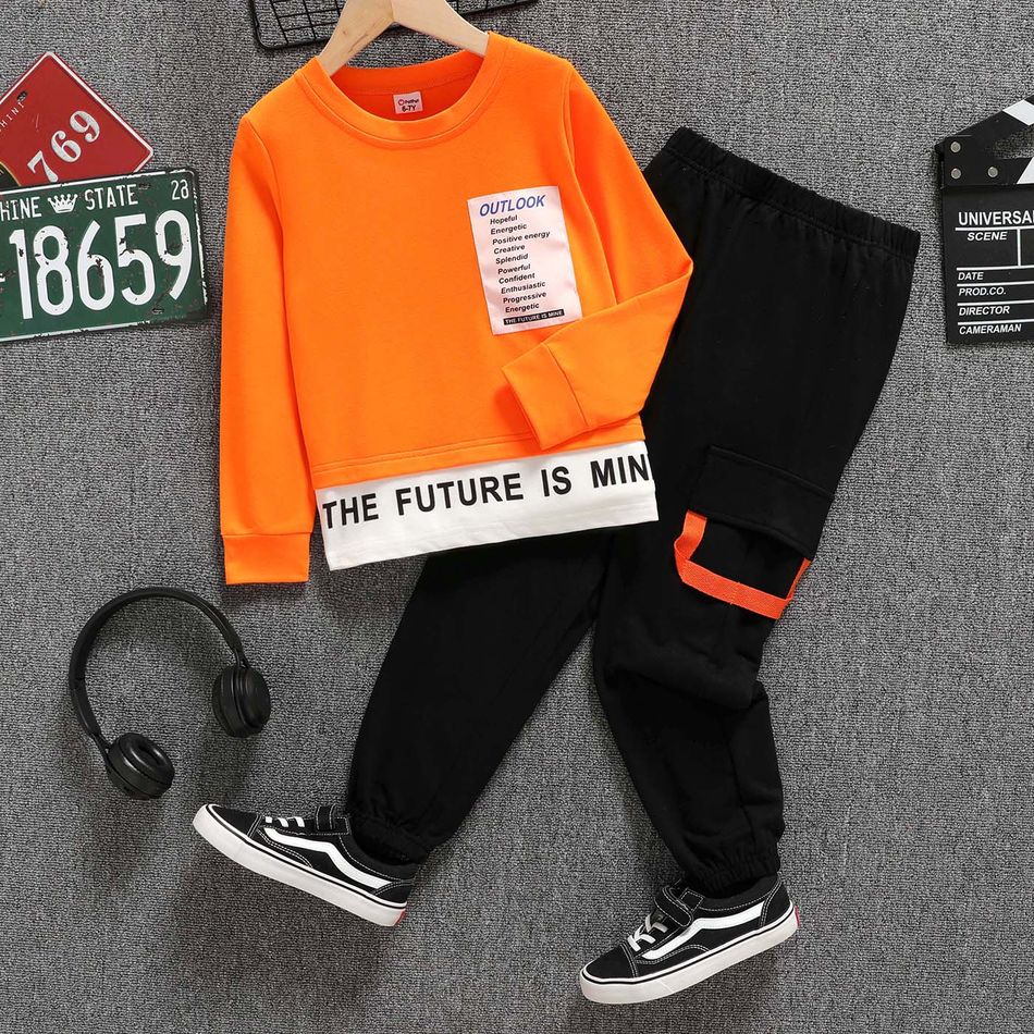 2pcs Kid Boy Letter Print Splice Pullover Sweatshirt and Black Pants Set Orange big image 1