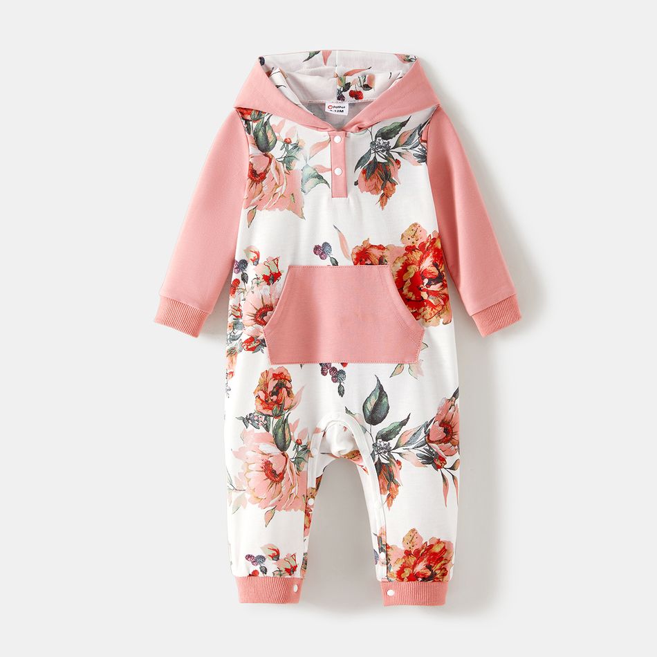 Mommy and Me Pink Spliced Floral Print Long-sleeve Hoodies Pink big image 8