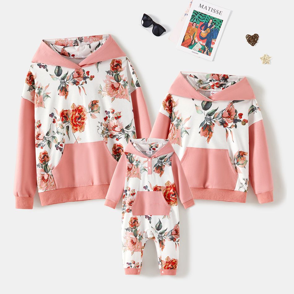 Mommy and Me Pink Spliced Floral Print Long-sleeve Hoodies Pink big image 1
