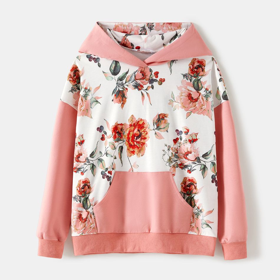 Mommy and Me Pink Spliced Floral Print Long-sleeve Hoodies Pink big image 2