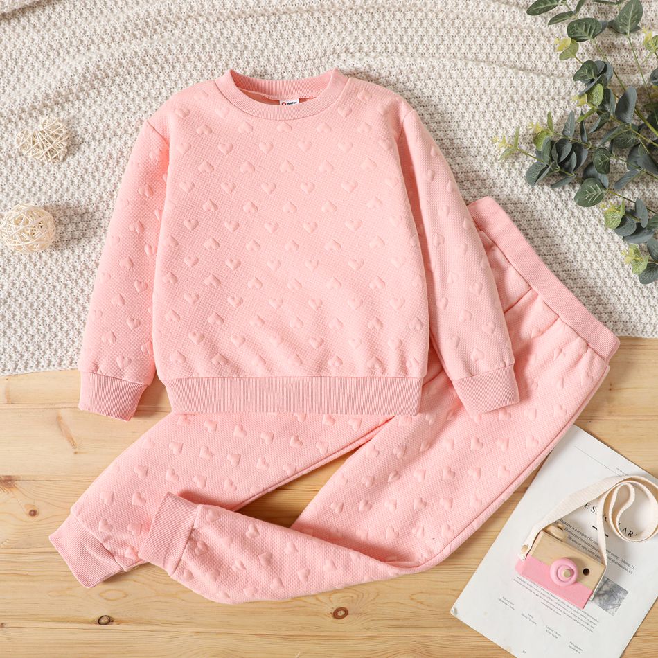 2pcs Kid Girl Heart Textured Pink Pullover Sweatshirt and Elasticized Pants Set Light Pink