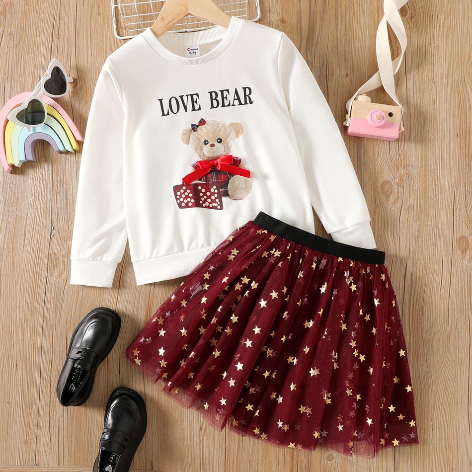 2pcs Kid Girl Letter Bear Print Pullover Sweatshirt and Stars Design Mesh Skirt Set White