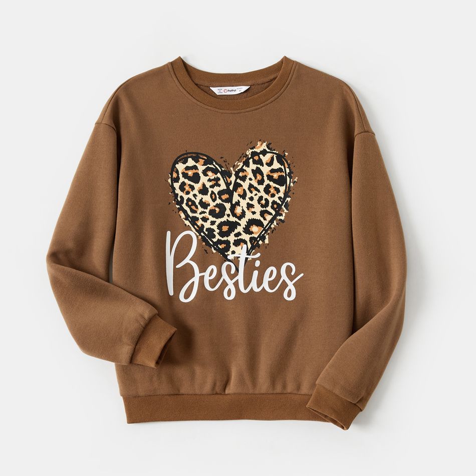 Mommy and Me Long-sleeve Leopard Heart & Letter Print Brown Sweatshirts Brown big image 2