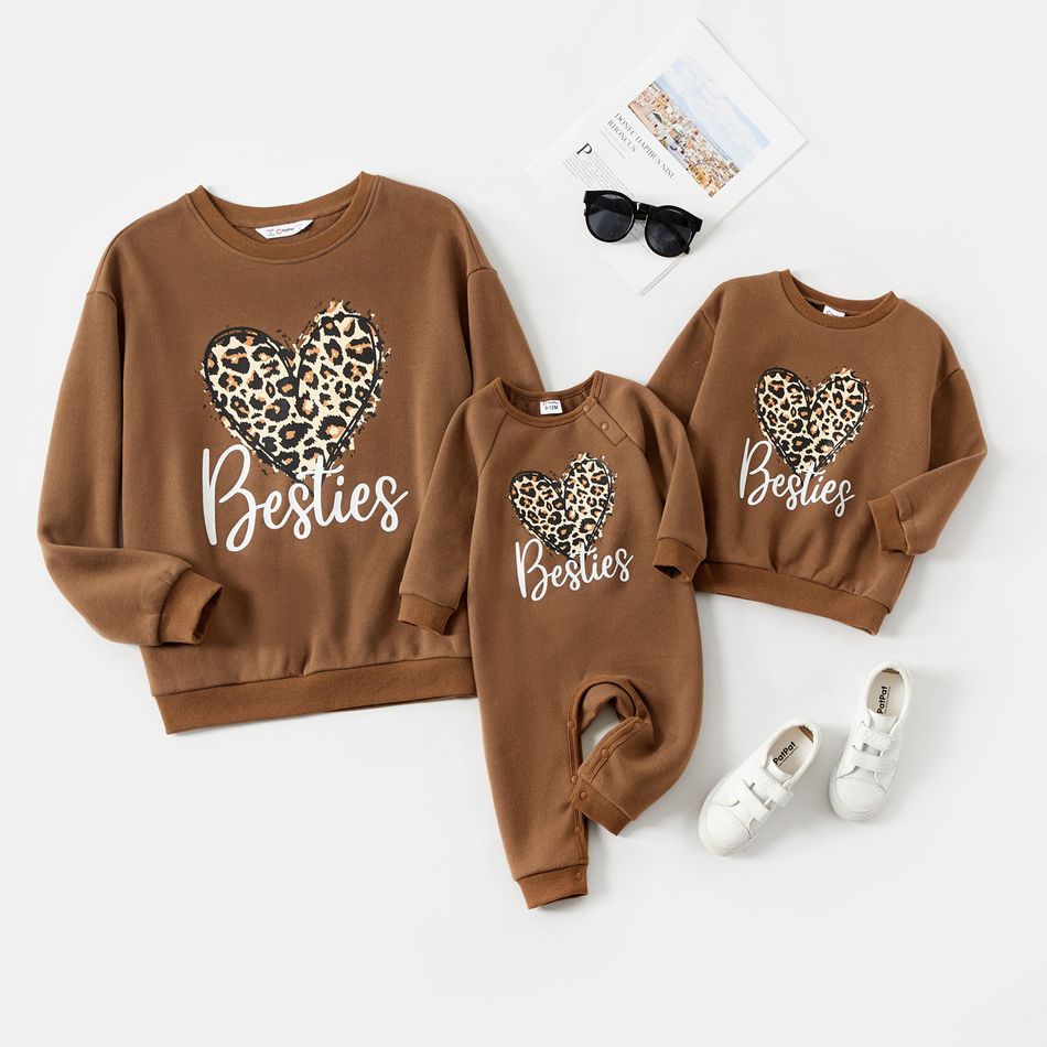 Mommy and Me Long-sleeve Leopard Heart & Letter Print Brown Sweatshirts Brown