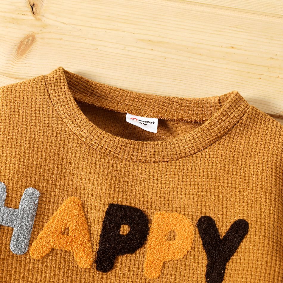 2pcs Toddler Boy/Girl Letter Embroidered Waffle Sweatshirt and Pants Set YellowBrown big image 3