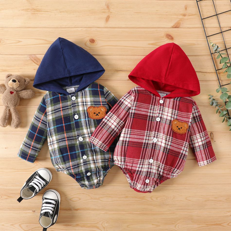 100% Cotton Baby Boy/Girl Bear Decor Hooded Long-sleeve Button Front Plaid Romper Red big image 1